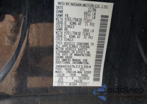 2007 Nissan Titan Le from USA, damaged, VIN 1N6BA07A37N221364